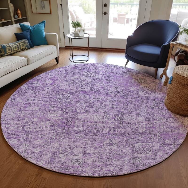 Machine Washable Indoor/ Outdoor Chantille Vintage Traditional Rug - Lilac - 8' x 8'
