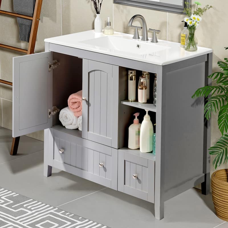 Modern Lacquered Bathroom Organizer Cabinet with Two Drawers and Dual Doors for Storage - 35.82”(H) x 18.11(W) x 32.28 (D)
