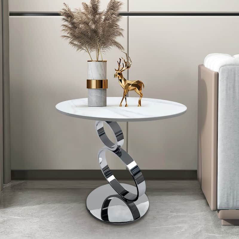Stone Round End Table with Stainless Steel Pedestal Base - 21.6” x 21.6” x 20.9” (D x W x H)