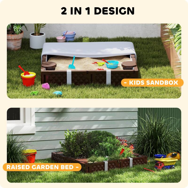 Dark Brown HDPE Kids Sandbox with Four Seats Large Outdoor Play Sandpit Waterproof Cover - 46.9" L x 46.9" W x 8.7" H