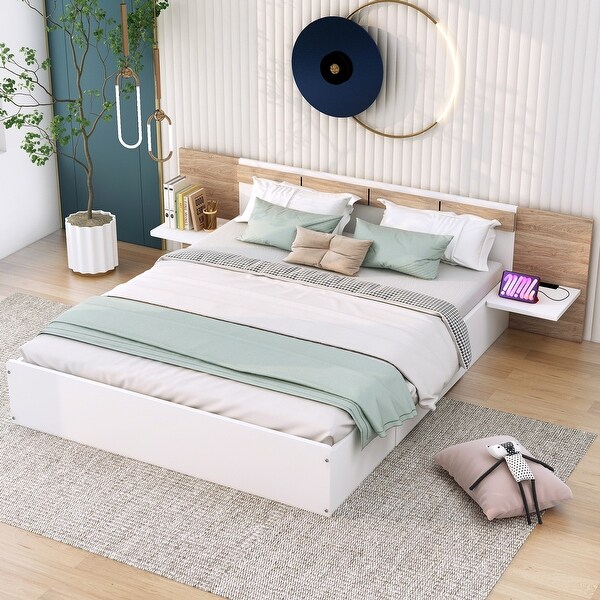 Queen Bed Frame with 2 Storage Drawers, Shelves and Long Headboard