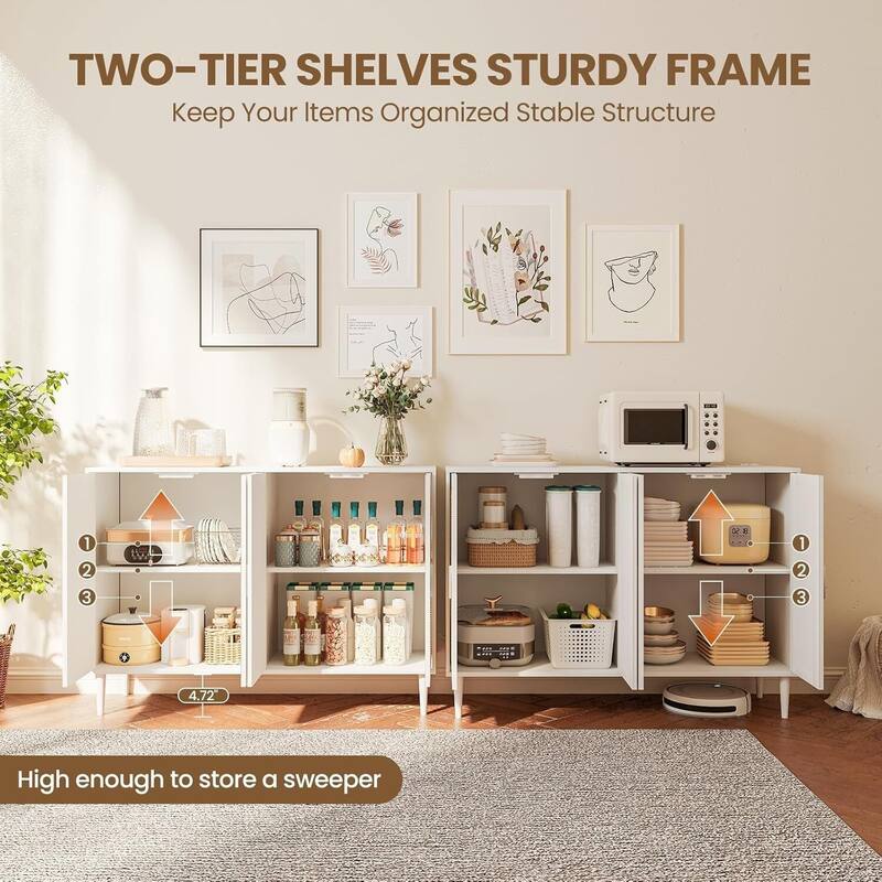Rattan Sideboard Buffet Cabinet With Power Outlet, BOHO Wooden Side board With 4 Doors