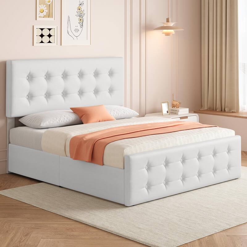 Full Bed Frame with Headboard and 4 Storage Drawers, Platform Bed Frame Square Stitched Button Tufted