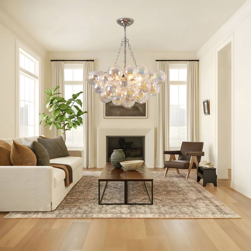 Starsky 6-Light lridescent Bubble Glass Globe chandelier, Hand-Blown Colorful cluster Light, Adjustable Height, Gold or Nickel