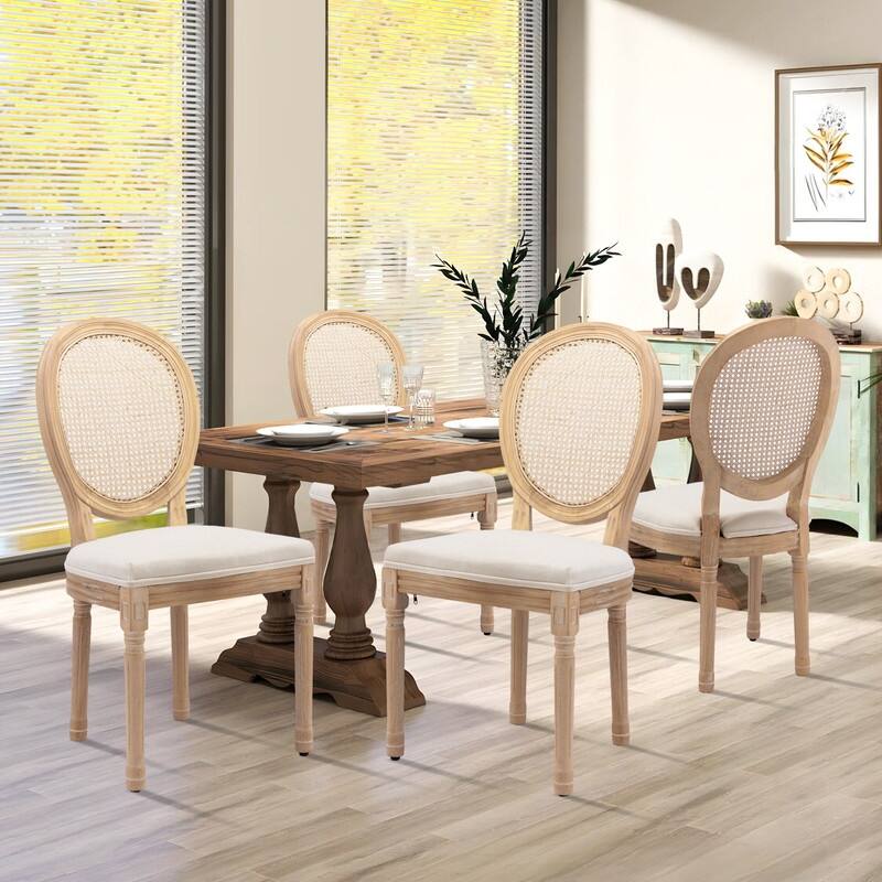 French Dining Chair with Nailhead Trim Set of 4 - Beige Fabric