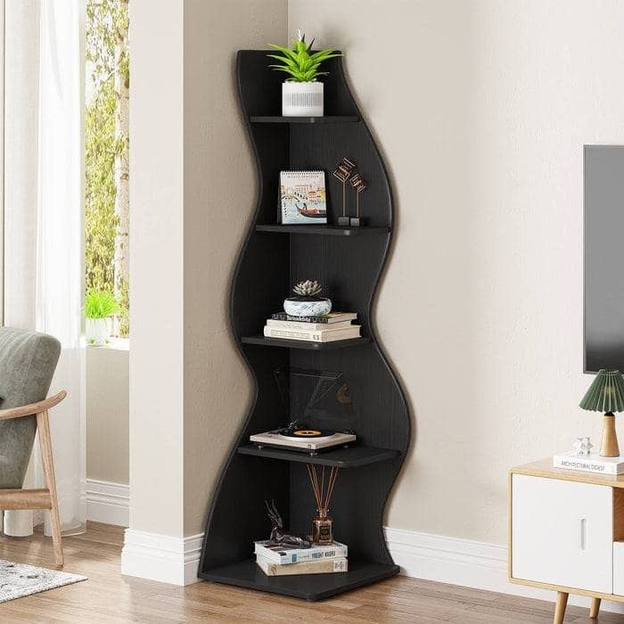 Modern Whimsical 5-Shelf Corner Bookcase Adjustable Wood-Inspired Storage for Home and Office