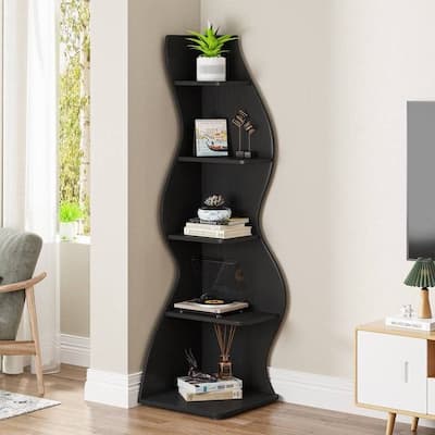 Modern Whimsical 5-Shelf Corner Bookcase Adjustable Wood-Inspired Storage for Home and Office