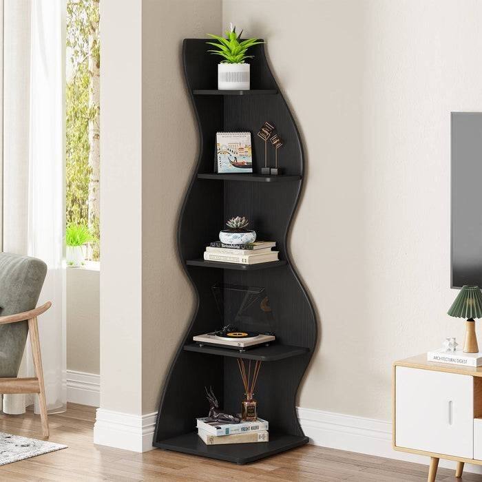 Modern Whimsical 5-Shelf Corner Bookcase Adjustable Wood-Inspired Storage for Home and Office