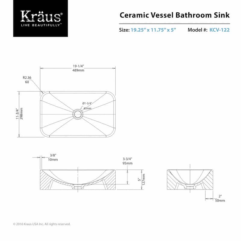 Kraus 19-1/4" Ceramic Vessel Bathroom Sink - Includes Pop-Up Drain
