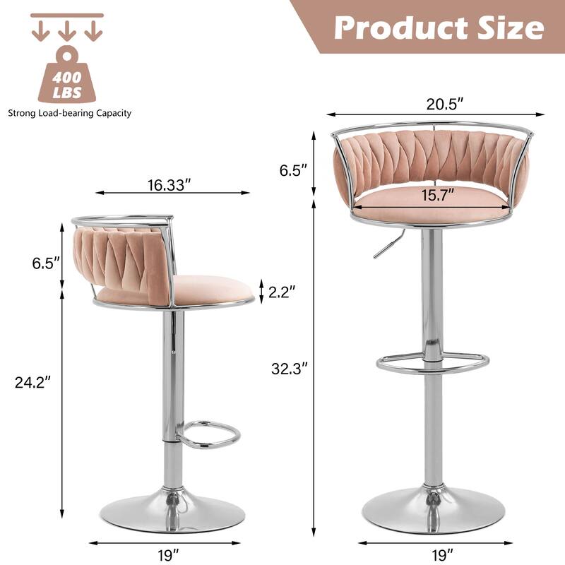 4 Set Velvet Adjustable Swivel Bar Stools With Backs