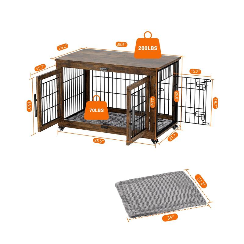 Dog Crate Furniture with Cushion Double Doors Wooden Dog Kennel