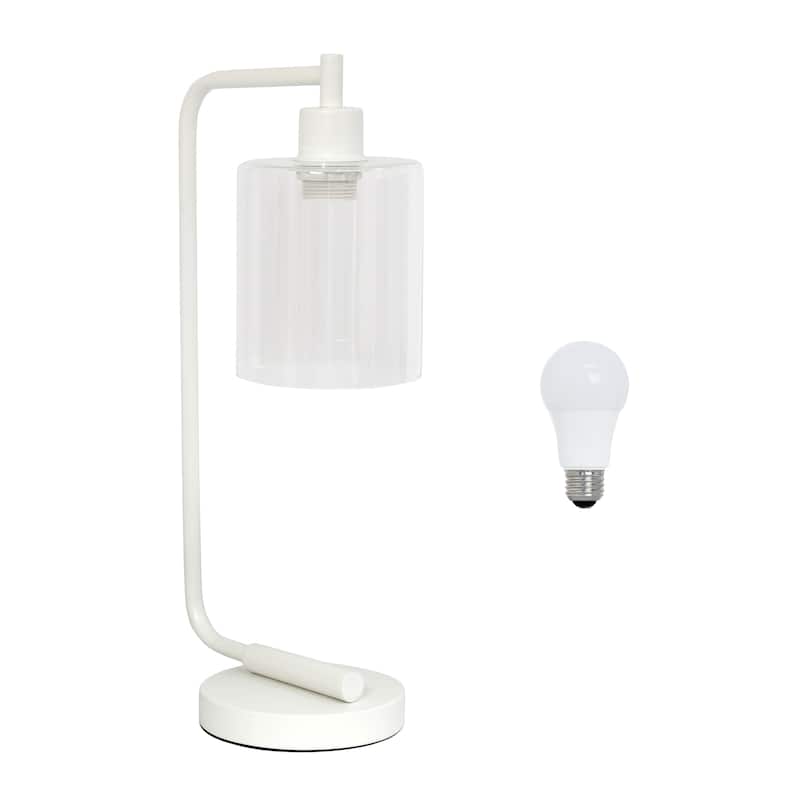 Simple Designs 18.8" Iron Lantern Desk Table Lamp with Glass Shade, Antique Brass, With LED Bulb - White