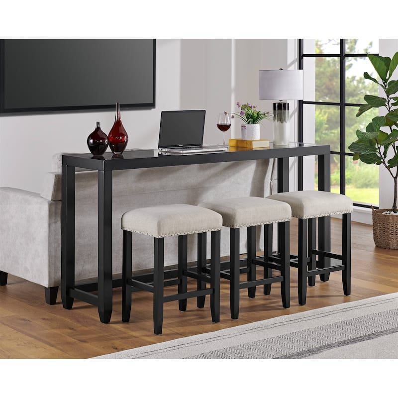 Cordero Wood Glass Top 72-Inch Wide Counter Height Console Bar Table and 3 Stools Set - Black