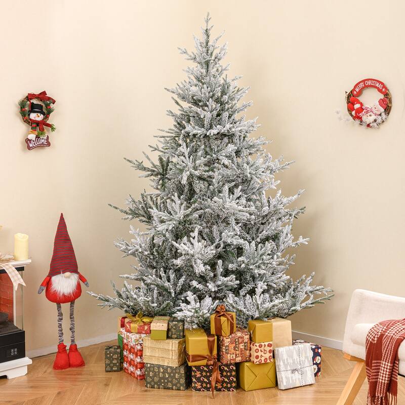 Costway 6/7/8 FT Artificial Christmas Tree with 762/1074/1470 Flocked - See Details - White & Green