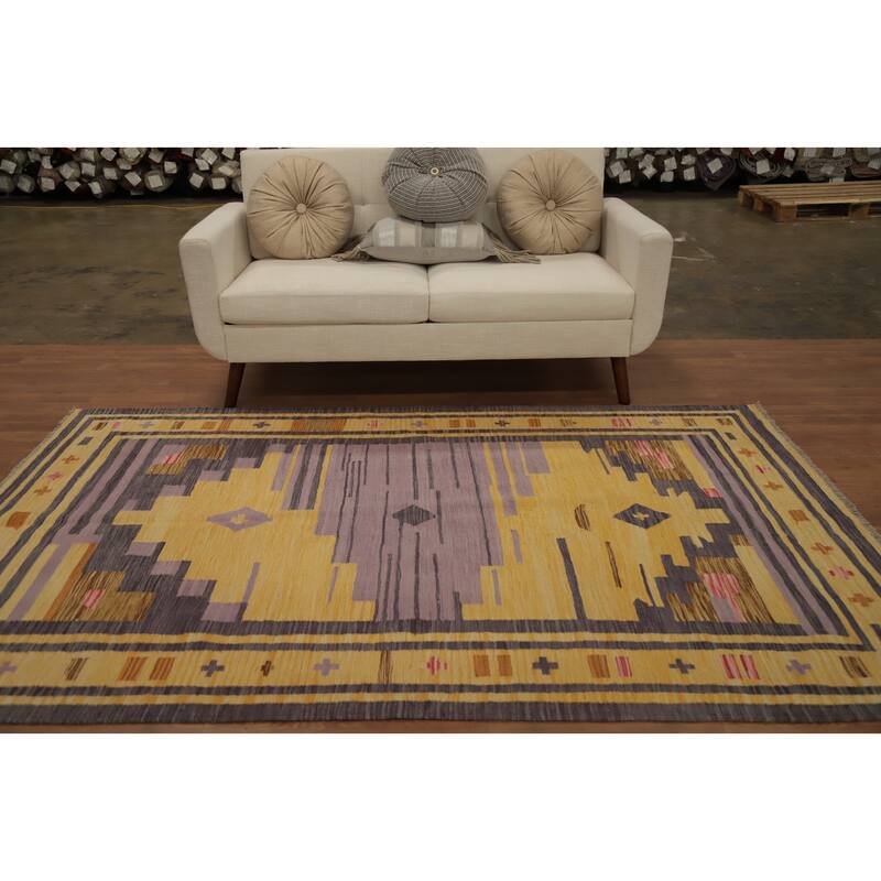 Hand Woven Oriental 100% Wool Carpet Southwestern Tribal Yellow & Gold Kilim Area Rug - 8' 0'' X 5' 0''