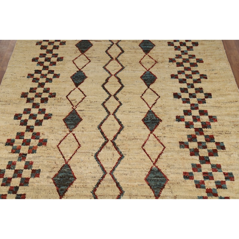 Geometric Moroccan Oriental Area Rug Hand-Knotted Beige Wool Carpet - 6'6" x 9'7"