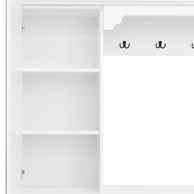 54.7"Hall Tree with Integrated Shoe Cabinet and Mirrored Cabinet Door, 4-in-1 Design, 2 Flip Drawers, 4 Hooks and 2 Cabinets