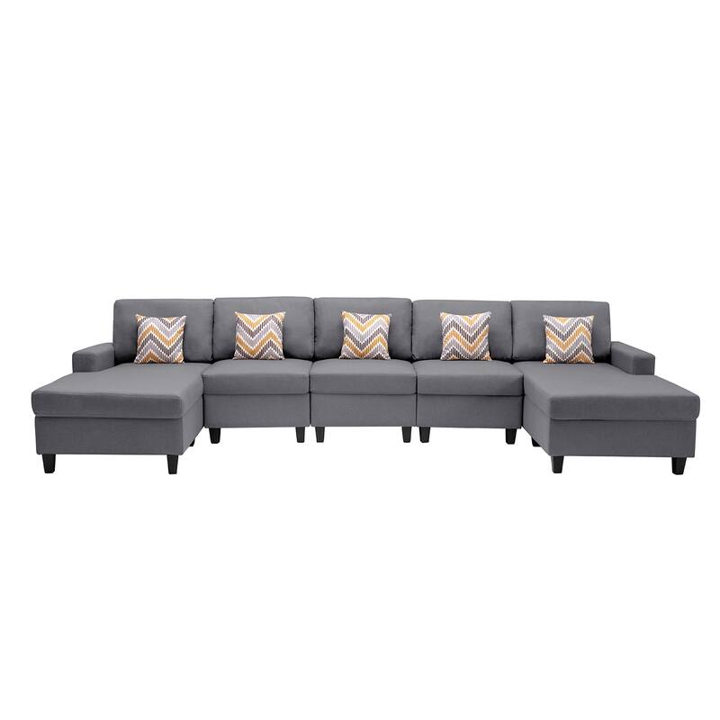 Linen Fabric 5 Piece Double Chaise Sectional Sofa with Pillows and Interchangeable Legs