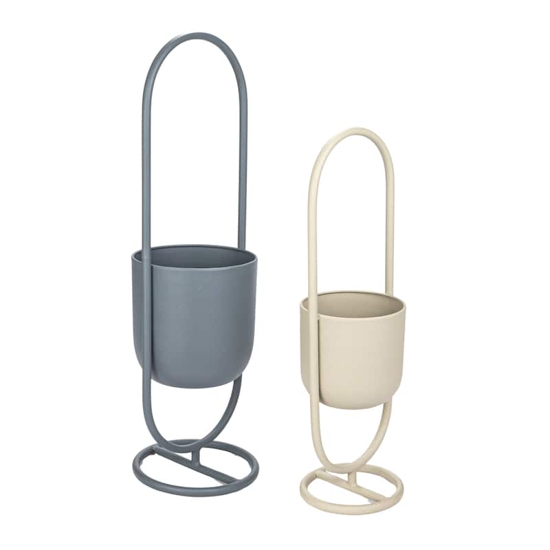 Metal Floor Planters Hanging on Stands, Set of 2 - 10.3"L x 9.0"W x 32.0"H