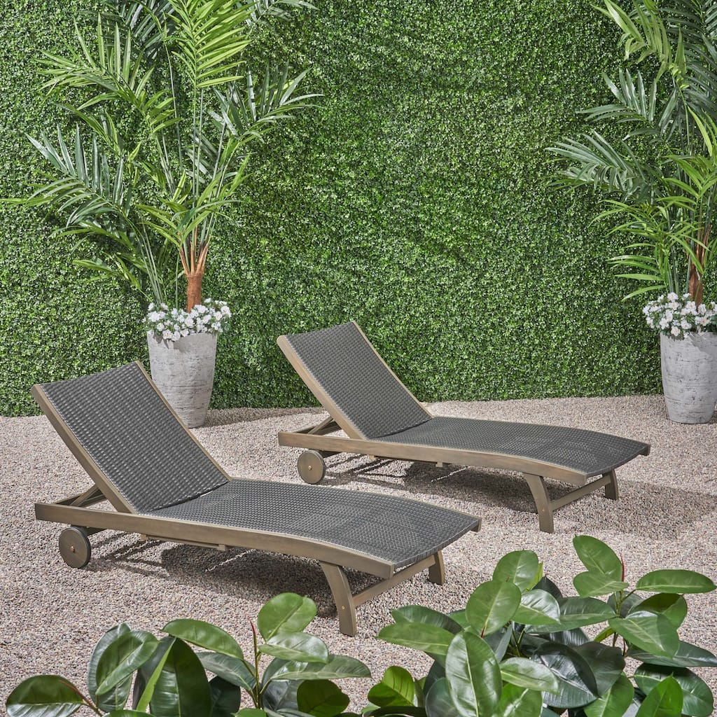 2-Piece Chaise Lounge Chairs with Wheels & Pull Out Side Tray, Adjustable Patio Wicker Reclining Chair