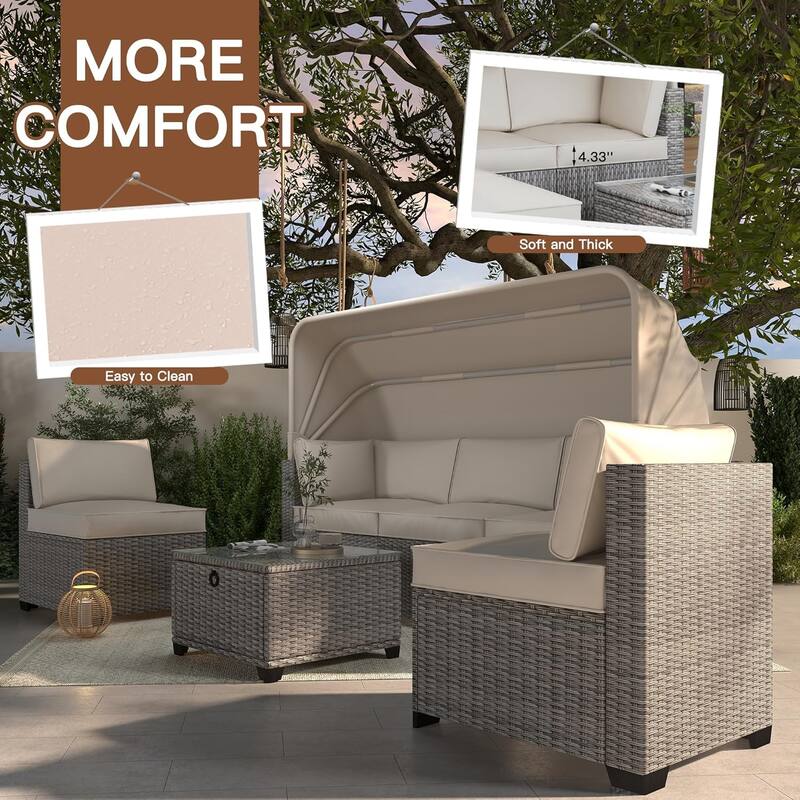 6-Piece PE Rattan Patio Sectional Set, Weather-Resistant Furniture, Retractable Canopy, Adjustable Backrest, Outdoor