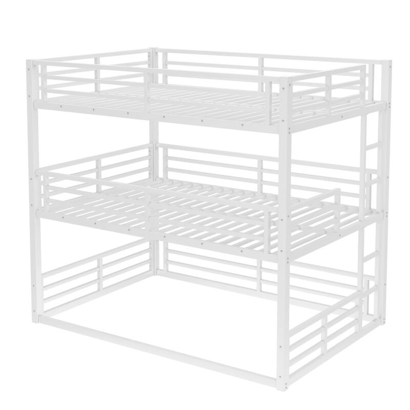 Roomfitters Twin/Full/Queen Metal Triple Bunk Bed with Safety Guardrails, Heavy-Duty Noise-Reduced Frame, White