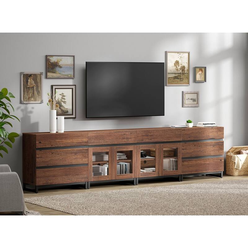 4-in-1 TV Stand for 120" TVs, Console with Glass Doors & 8 Drawers - 126 inches - Brown