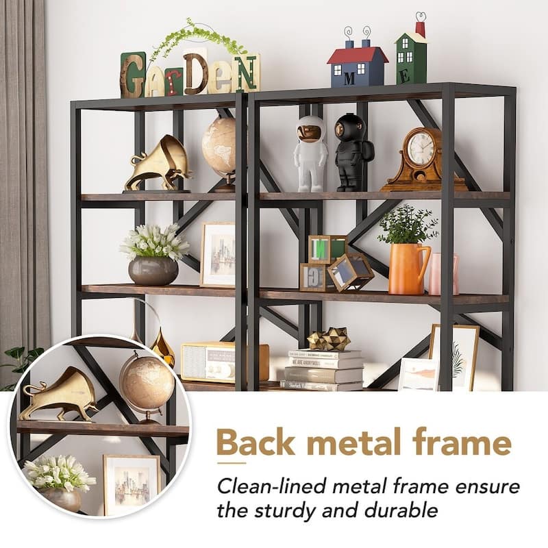 71" Industrial Bookshelf, 6 Tier Rustic Brown Wood Etagere Bookcase, Open Book Shelves