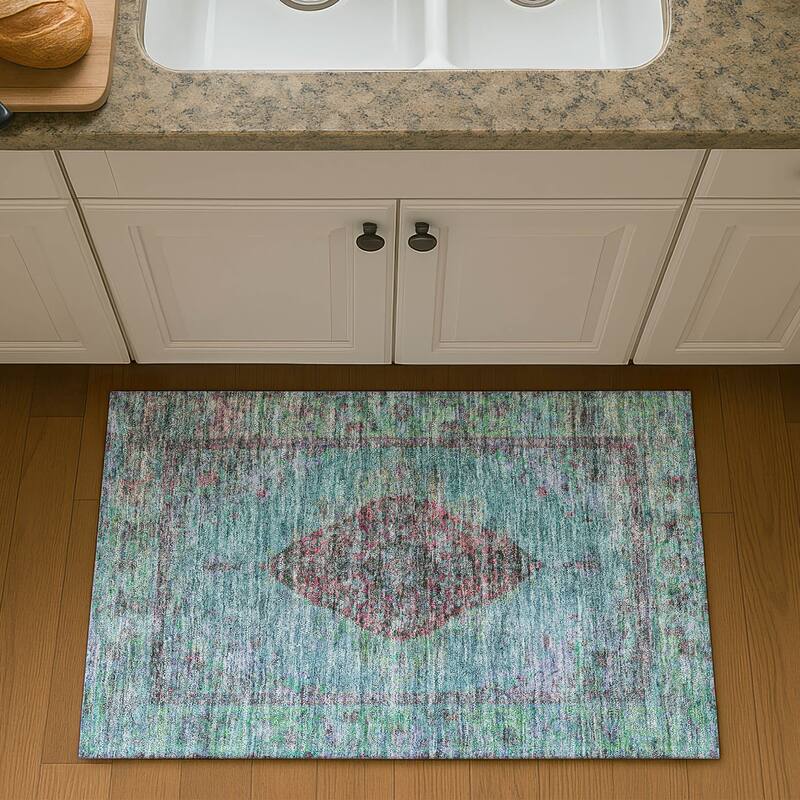 Premium Washable Super Soft Vintage Traditional Mayfield Rug - Aqua - 1'8" x 2'6"