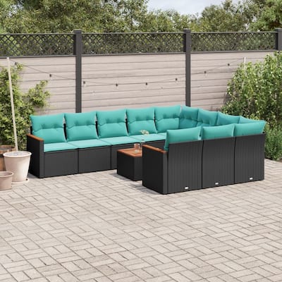 vidaXL 11 Piece Patio Sofa Set with Cushions Black Poly Rattan - 24.4x27.2x24.4 - With table