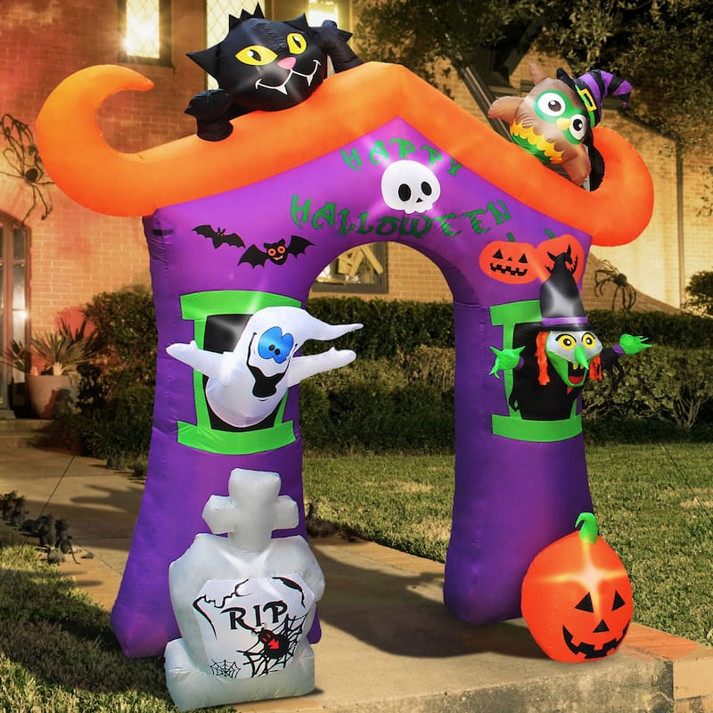 Haunted Hill Farm 10.5-ft. Prelit Inflatable Haunted House Arch with Ghost, Witch, Black Cat