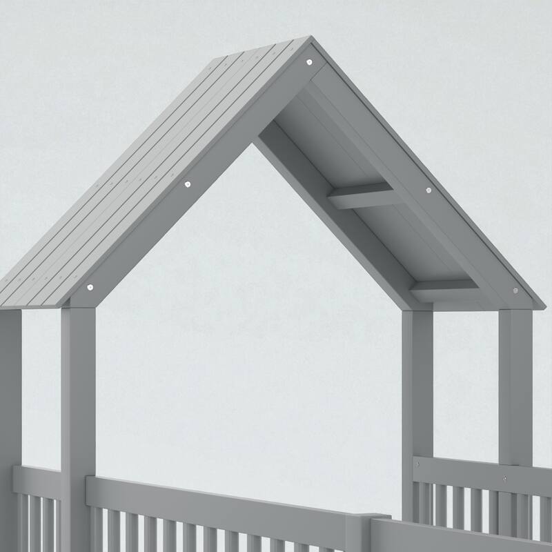 Twin/Full Size House Floor Bed with Door and Guardrails, Double Twin/Full Solid Wood Montessori Bed for Kids