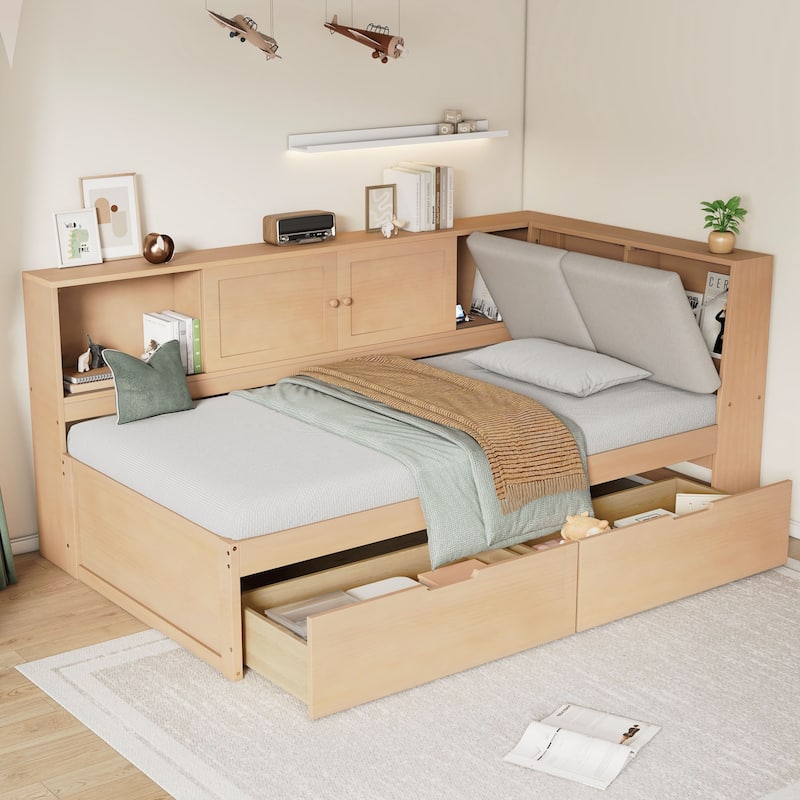 Wooden Twin Size L-shaped Daybed Corner Bed Under-bed Drawers with Storage Bookcase and Upholstered Headboard
