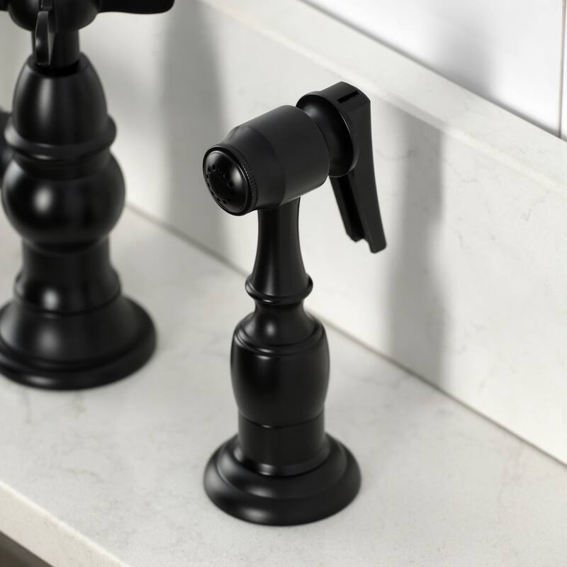 Kingston Brass Essex Two-Handle 4-Hole Deck Mount Bridge Kitchen Faucet with Brass Side Sprayer