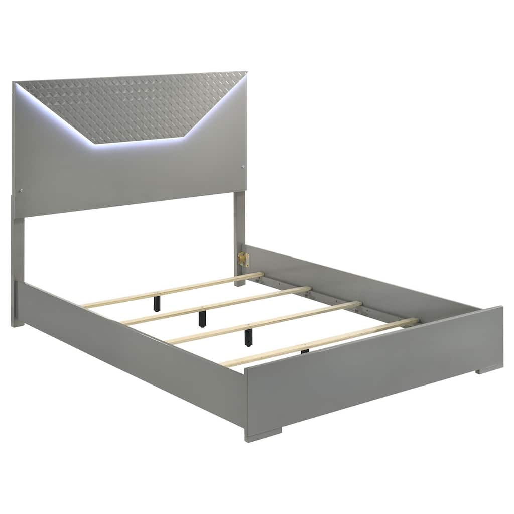 Queen Panel Bed with LED Headboard, Grey High Gloss, 3D Diamond Design and Touch LED Lighting