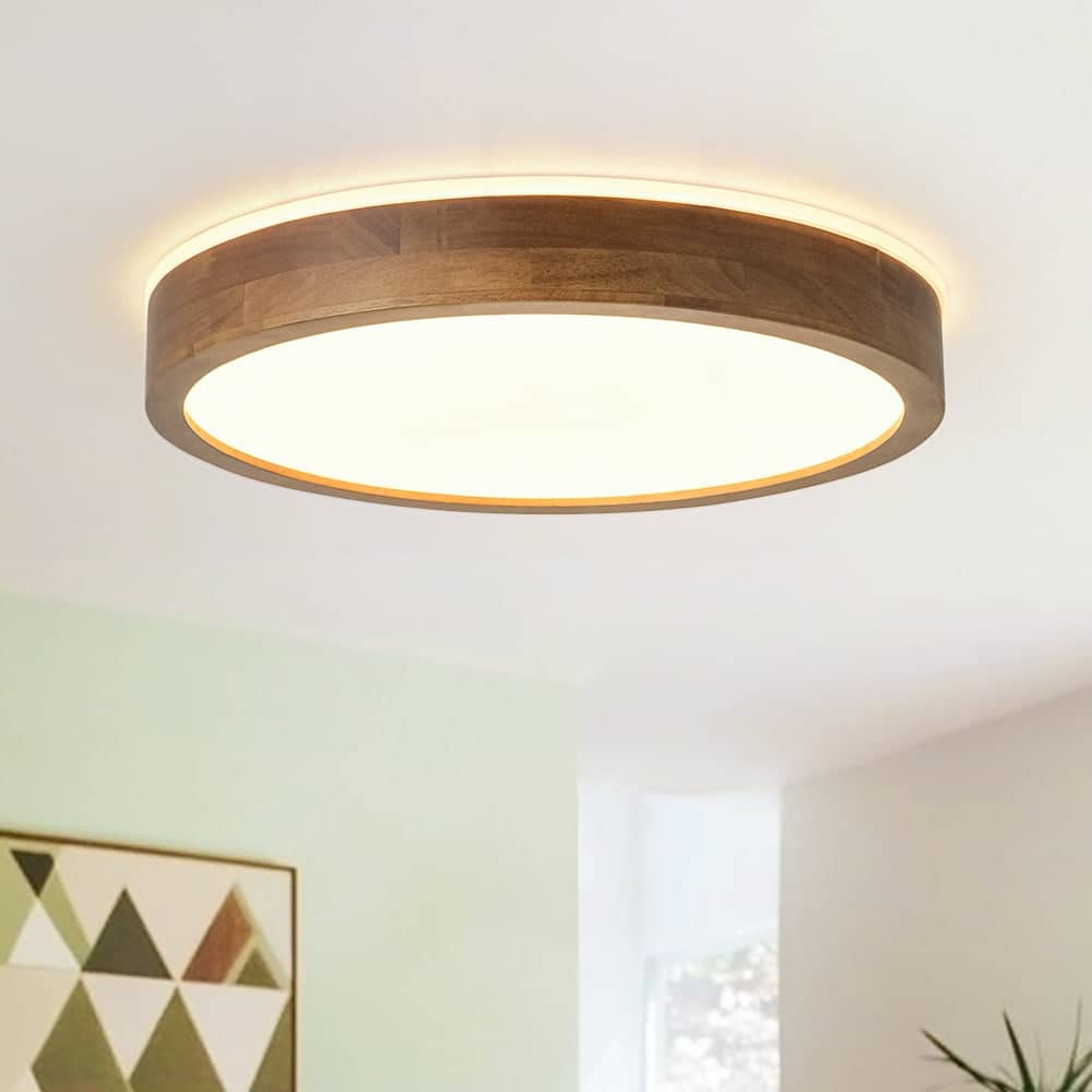 Nordic Wood Round Dimmable LED Top-halo Flush Mount Ceiling Light - 15.7 in