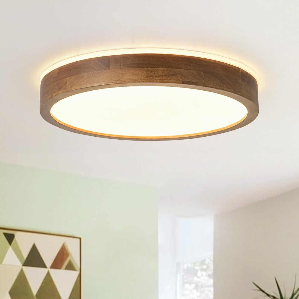 Walnut Wood 5CCT Dimmable LED Ceiling Light Round Drum Trim Flush Mount Acrylic Diffuser