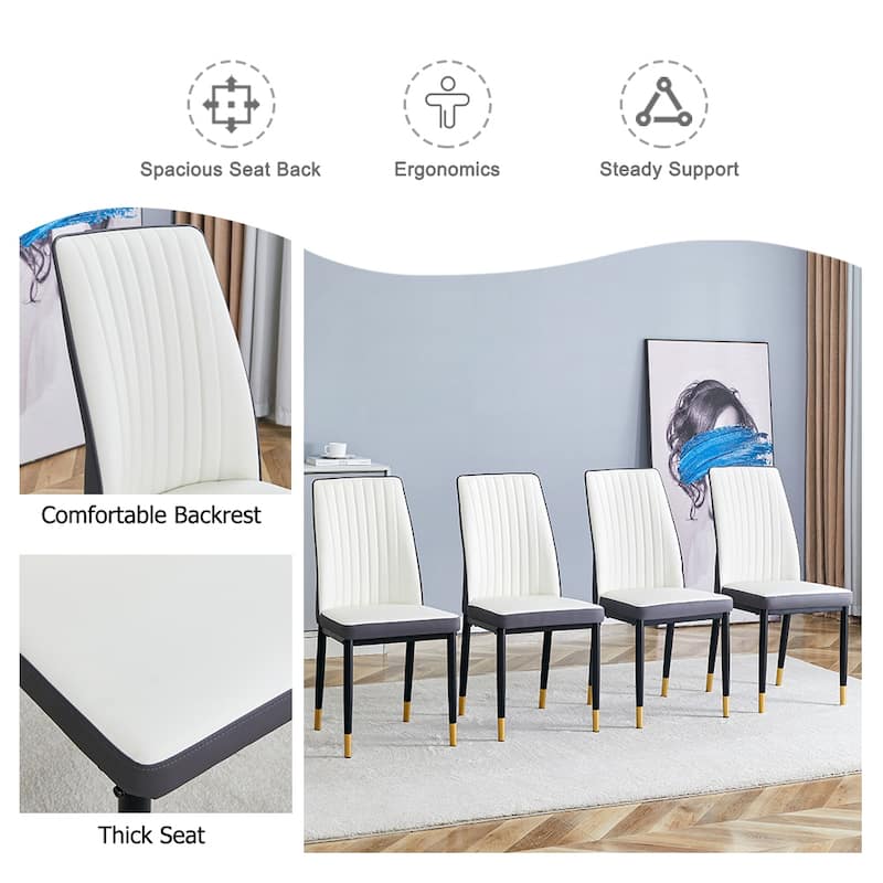 4 Dining Chair Set, White + Grey Dining Chair Set, High Back Seat in PU Material and Sturdy Black Leg Chair for Dining Room