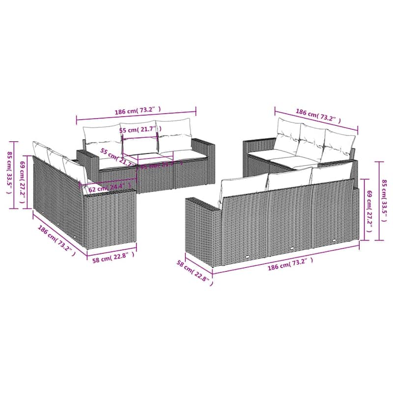 vidaXL Garden Sofa Set Grey PE Rattan Large Modular Garden Sofa Set - 24.4 x 25.8 x 27.2