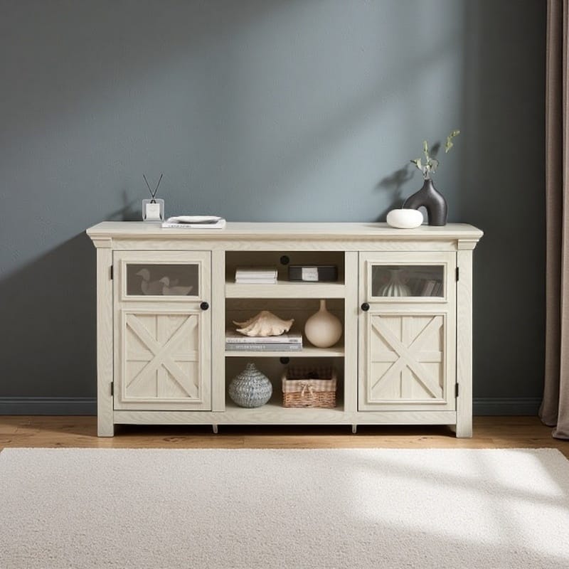 60" Farmhouse TV Console with Barn Doors, Adjustable Shelves & Cable Management, with Glass Doors & Storage