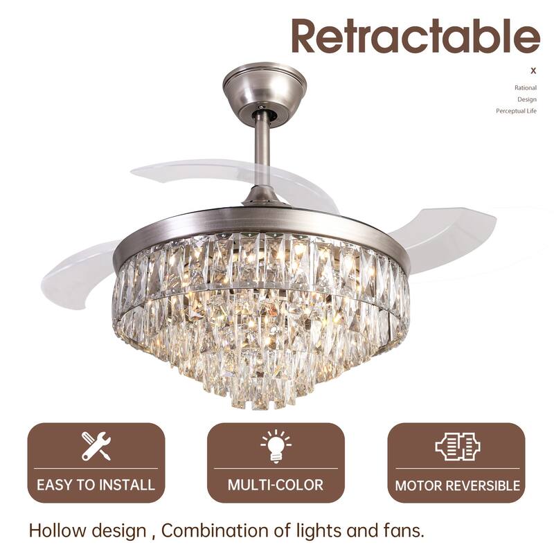 Modern Crystal Ceiling Fan Light with Lighting and 6 Speed Settings, Crystal Shade for Bedroom and Living Room