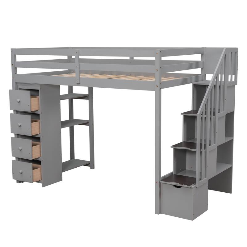Twin Loft Bed with Storage Drawers, Shelves, and Stairs in Gray