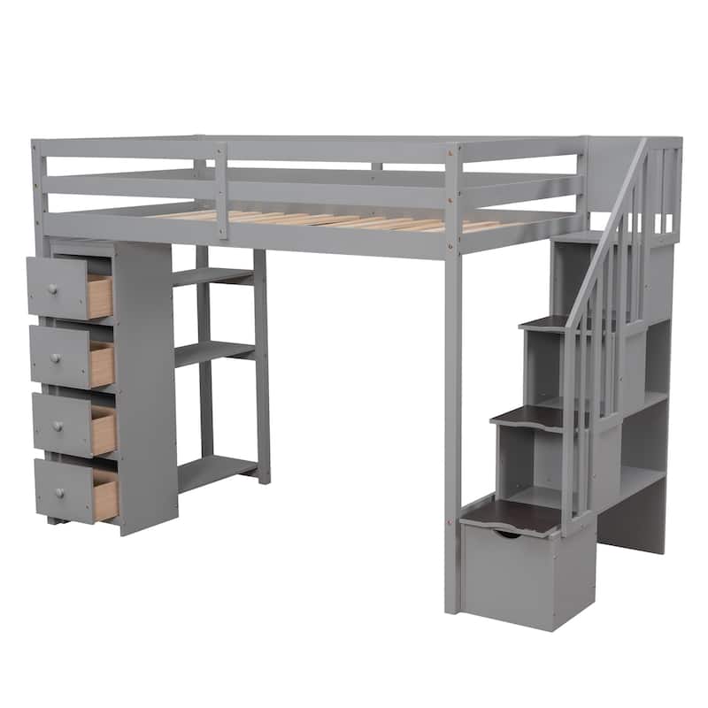 Twin size Loft Bed with Storage Drawers and Stairs, Wooden Loft Bed with Shelves - Espresso