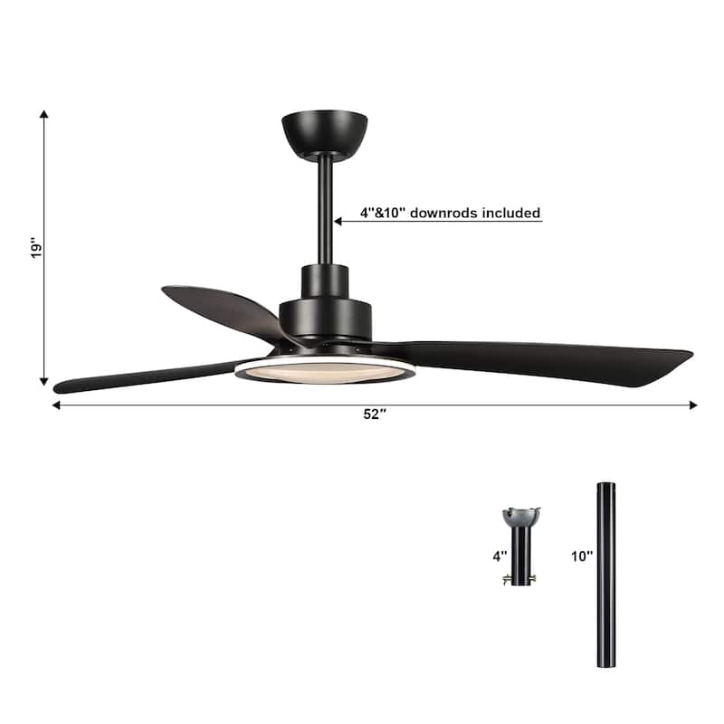 52-inch Matte Black Modern LED Ceiling Fan with Downrod and Remote