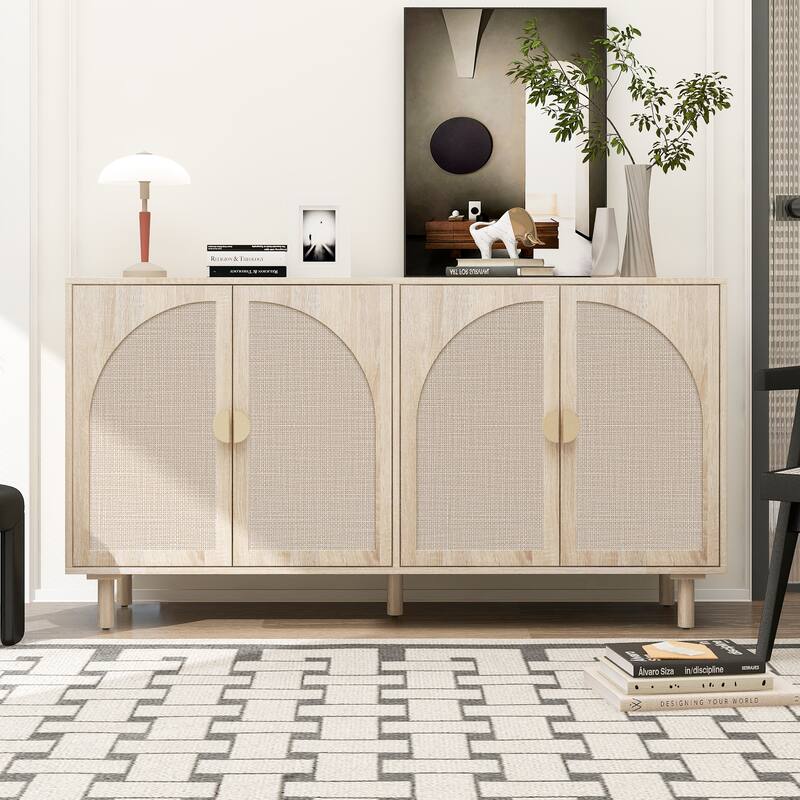Engineered Rattan Sideboard Accent Storage Cabinet 4 Door Buffet Cabinet - Natural