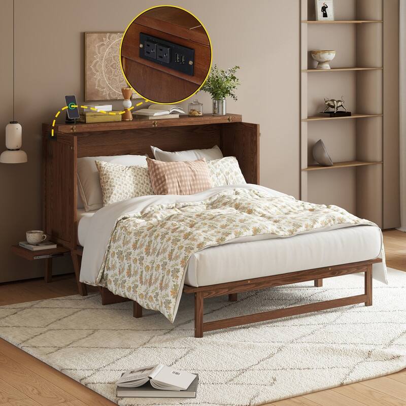 Murphy Cabinet Bed with USB Port and Removable Shelves on Each Side, Space-Saving Cube Cabinet Bed with Desk