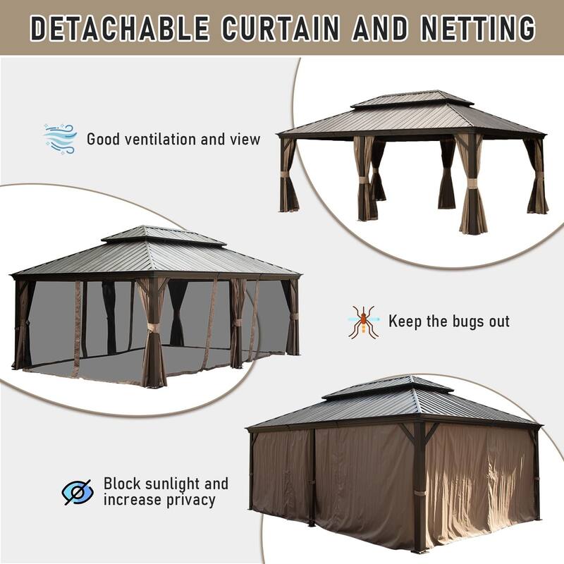 GDFStudio - Terry Outdoor Aluminum Hardtop Gazebo with Galvanized Steel Double Roof, Curtains & Netting