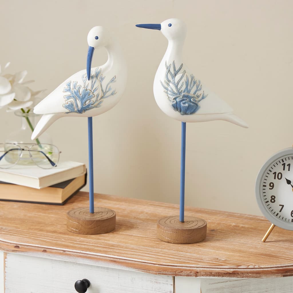 White Polystone Bird Decorative Sculpture with Blue Coral Patterns and Wood Inspired Bases (Set of 2)