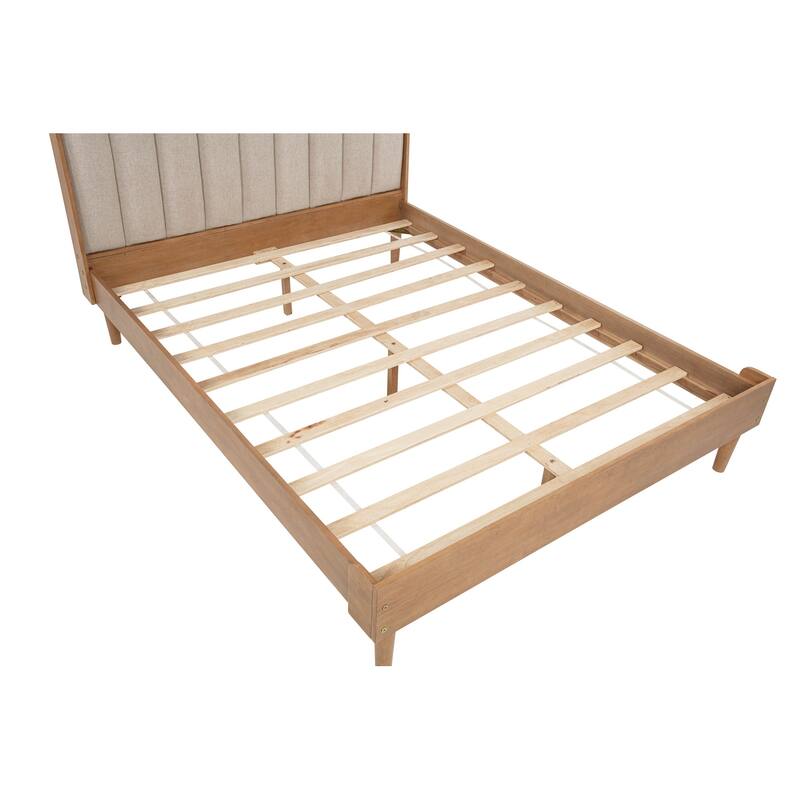 Queen Size Wood Bed with Piano Key Style Upholstered Headboard