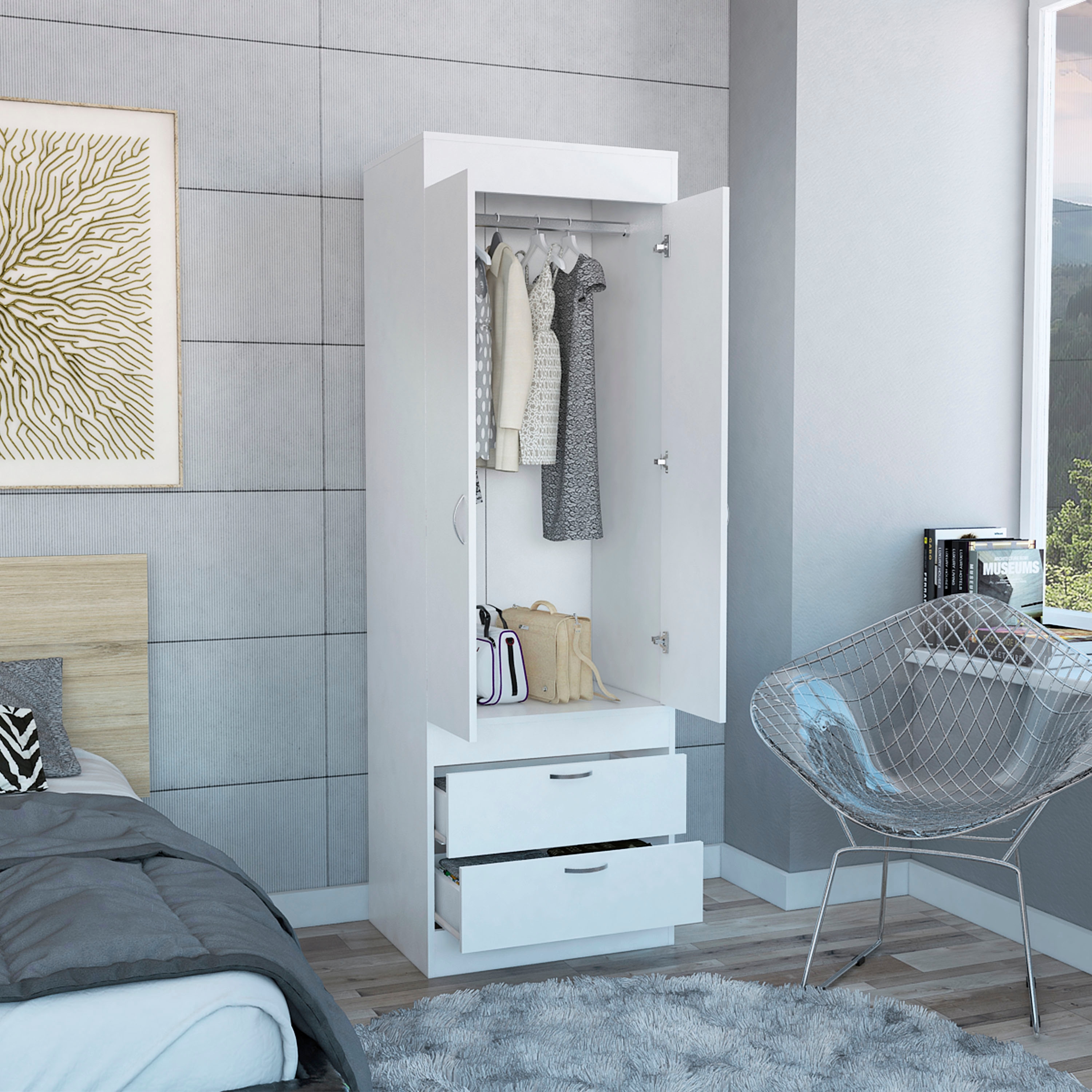 2 Door Wardrobe Armoire with Shelves and 2 Drawers White
